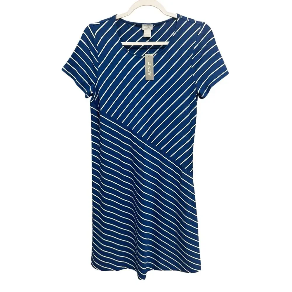 NWT Chico’s Splice Stripe A-Line Dress Blue White Size Small 4/6 (Chicos 0) $109